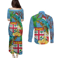 Fijians Iguana Tagimoucia Christmas Couples Matching Puletasi and Long Sleeve Button Shirt Christmas Palm Tree and Hibiscus LT03 - Polynesian Pride
