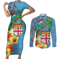 Fijians Iguana Tagimoucia Christmas Couples Matching Short Sleeve Bodycon Dress and Long Sleeve Button Shirt Christmas Palm Tree and Hibiscus LT03 Blue - Polynesian Pride