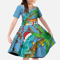 Fijians Iguana Tagimoucia Christmas Family Matching Off Shoulder Maxi Dress and Hawaiian Shirt Christmas Palm Tree and Hibiscus LT03 Daughter's Dress Blue - Polynesian Pride