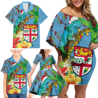 Fijians Iguana Tagimoucia Christmas Family Matching Off Shoulder Short Dress and Hawaiian Shirt Christmas Palm Tree and Hibiscus LT03 - Polynesian Pride