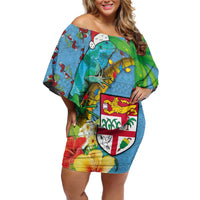 Fijians Iguana Tagimoucia Christmas Family Matching Off Shoulder Short Dress and Hawaiian Shirt Christmas Palm Tree and Hibiscus LT03 Mom's Dress Blue - Polynesian Pride