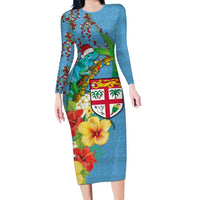 Fijians Iguana Tagimoucia Christmas Long Sleeve Bodycon Dress Christmas Palm Tree and Hibiscus LT03 Long Dress Blue - Polynesian Pride