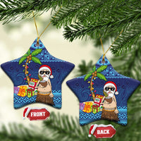 The Funny Santa Wears Sulu Christmas Ceramic Ornament Fijian Christmas Palm Tree With Masi Art Tattoo LT03 Star Blue - Polynesian Pride