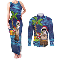 The Funny Santa Wears Sulu Christmas Couples Matching Tank Maxi Dress and Long Sleeve Button Shirt Fijian Christmas Palm Tree With Masi Art Tattoo LT03 Blue - Polynesian Pride