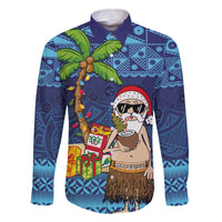 The Funny Santa Wears Sulu Christmas Family Matching Off The Shoulder Long Sleeve Dress and Hawaiian Shirt Fijian Christmas Palm Tree With Masi Art Tattoo LT03 Dad's Shirt - Long Sleeve Blue - Polynesian Pride
