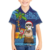 The Funny Santa Wears Sulu Christmas Family Matching Off The Shoulder Long Sleeve Dress and Hawaiian Shirt Fijian Christmas Palm Tree With Masi Art Tattoo LT03 Son's Shirt Blue - Polynesian Pride