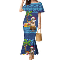 The Funny Santa Wears Sulu Christmas Mermaid Dress Fijian Christmas Palm Tree With Masi Art Tattoo LT03 Women Blue - Polynesian Pride