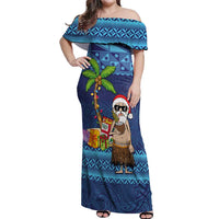 The Funny Santa Wears Sulu Christmas Off Shoulder Maxi Dress Fijian Christmas Palm Tree With Masi Art Tattoo LT03 Women Blue - Polynesian Pride