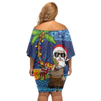 The Funny Santa Wears Sulu Christmas Off Shoulder Short Dress Fijian Christmas Palm Tree With Masi Art Tattoo LT03 - Polynesian Pride