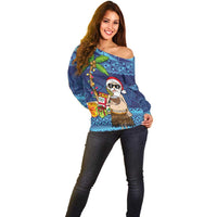 The Funny Santa Wears Sulu Christmas Off Shoulder Sweater Fijian Christmas Palm Tree With Masi Art Tattoo LT03 - Polynesian Pride