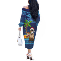 The Funny Santa Wears Sulu Christmas Off The Shoulder Long Sleeve Dress Fijian Christmas Palm Tree With Masi Art Tattoo LT03 - Polynesian Pride