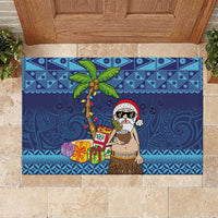 The Funny Santa Wears Sulu Christmas Rubber Doormat Fijian Christmas Palm Tree With Masi Art Tattoo LT03 Blue - Polynesian Pride