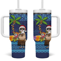 The Funny Santa Wears Sulu Christmas Tumbler With Handle Fijian Christmas Palm Tree With Masi Art Tattoo LT03 One Size: 40 oz Blue - Polynesian Pride