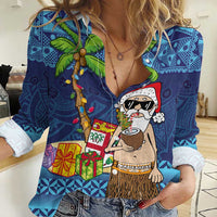 The Funny Santa Wears Sulu Christmas Women Casual Shirt Fijian Christmas Palm Tree With Masi Art Tattoo LT03 Female Blue - Polynesian Pride