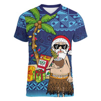 The Funny Santa Wears Sulu Christmas Women V-Neck T-Shirt Fijian Christmas Palm Tree With Masi Art Tattoo LT03 Female Blue - Polynesian Pride