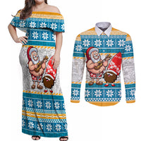 Hawaii Mele Kalikimaka Couples Matching Off Shoulder Maxi Dress and Long Sleeve Button Shirt Funny Santa and Coconut Mix Kakau Pattern LT03 Blue - Polynesian Pride
