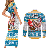Hawaii Mele Kalikimaka Couples Matching Short Sleeve Bodycon Dress and Long Sleeve Button Shirt Funny Santa and Coconut Mix Kakau Pattern LT03 - Polynesian Pride