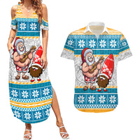 Hawaii Mele Kalikimaka Couples Matching Summer Maxi Dress and Hawaiian Shirt Funny Santa and Coconut Mix Kakau Pattern LT03 Blue - Polynesian Pride