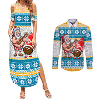 Hawaii Mele Kalikimaka Couples Matching Summer Maxi Dress and Long Sleeve Button Shirt Funny Santa and Coconut Mix Kakau Pattern LT03 Blue - Polynesian Pride