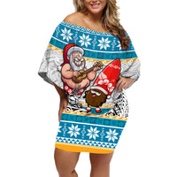 Hawaii Mele Kalikimaka Family Matching Off Shoulder Short Dress and Hawaiian Shirt Funny Santa and Coconut Mix Kakau Pattern LT03 Mom's Dress Blue - Polynesian Pride