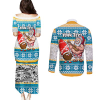 Custom Hawaii Mele Kalikimaka Couples Matching Puletasi Dress and Long Sleeve Button Shirt Funny Santa and Coconut Mix Kakau Pattern LT03 - Polynesian Pride