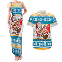 Custom Hawaii Mele Kalikimaka Couples Matching Tank Maxi Dress and Hawaiian Shirt Funny Santa and Coconut Mix Kakau Pattern LT03 Blue - Polynesian Pride