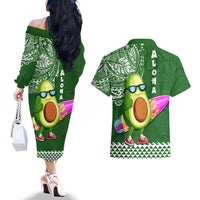 Hawaii Couples Matching Off The Shoulder Long Sleeve Dress and Hawaiian Shirt Aloha Funny Avocado Mix Kakau Hawaiian Tribal LT03 - Polynesian Pride