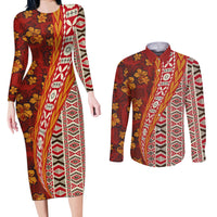 Hawaii Native Tapa Elements and Hibiscus Flowers Couples Matching Long Sleeve Bodycon Dress and Long Sleeve Button Shirt LT03 Red - Polynesian Pride