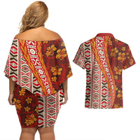 Hawaii Native Tapa Elements and Hibiscus Flowers Couples Matching Off Shoulder Short Dress and Hawaiian Shirt LT03 - Polynesian Pride