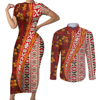 Hawaii Native Tapa Elements and Hibiscus Flowers Couples Matching Short Sleeve Bodycon Dress and Long Sleeve Button Shirt LT03 Red - Polynesian Pride