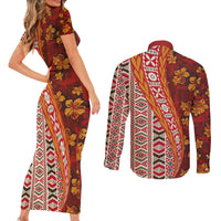 Hawaii Native Tapa Elements and Hibiscus Flowers Couples Matching Short Sleeve Bodycon Dress and Long Sleeve Button Shirt LT03 - Polynesian Pride