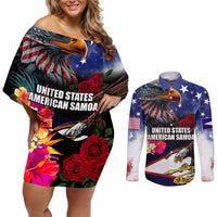 Personalised United States and American Samoa Couples Matching Off Shoulder Short Dress and Long Sleeve Button Shirt Bald Eagle Rose and Hibiscus Flower LT03 Blue - Polynesian Pride
