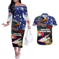 Personalised United States and American Samoa Couples Matching Off The Shoulder Long Sleeve Dress and Hawaiian Shirt Bald Eagle Rose and Hibiscus Flower LT03 Blue - Polynesian Pride