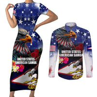 Personalised United States and American Samoa Couples Matching Short Sleeve Bodycon Dress and Long Sleeve Button Shirt Bald Eagle Rose and Hibiscus Flower LT03 Blue - Polynesian Pride