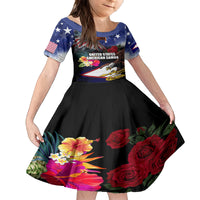 Personalised United States and American Samoa Family Matching Long Sleeve Bodycon Dress and Hawaiian Shirt Bald Eagle Rose and Hibiscus Flower LT03 Daughter's Dress Blue - Polynesian Pride