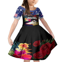 Personalised United States and American Samoa Family Matching Mermaid Dress and Hawaiian Shirt Bald Eagle Rose and Hibiscus Flower LT03 Daughter's Dress Blue - Polynesian Pride