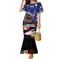 Personalised United States and American Samoa Family Matching Mermaid Dress and Hawaiian Shirt Bald Eagle Rose and Hibiscus Flower LT03 Mom's Dress Blue - Polynesian Pride