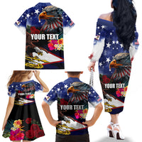 Personalised United States and American Samoa Family Matching Off The Shoulder Long Sleeve Dress and Hawaiian Shirt Bald Eagle Rose and Hibiscus Flower LT03 - Polynesian Pride