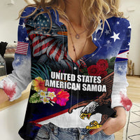 Personalised United States and American Samoa Women Casual Shirt Bald Eagle Rose and Hibiscus Flower LT03 Female Blue - Polynesian Pride