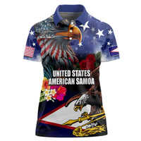 Personalised United States and American Samoa Women Polo Shirt Bald Eagle Rose and Hibiscus Flower LT03 Female Blue - Polynesian Pride