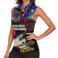 Personalised United States and American Samoa Women Sleeveless Polo Shirt Bald Eagle Rose and Hibiscus Flower LT03 - Polynesian Pride