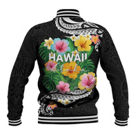Hawaii Aloha Tropical Leaves and Flower Baseball Jacket with Polynesian Art Tattoo Black Color LT03 - Polynesian Pride