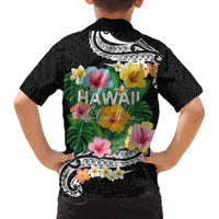 Hawaii Aloha Tropical Leaves and Flower Family Matching Off The Shoulder Long Sleeve Dress and Hawaiian Shirt with Polynesian Art Tattoo Black Color - Polynesian Pride
