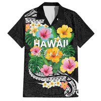 Hawaii Aloha Tropical Leaves and Flower Family Matching Off The Shoulder Long Sleeve Dress and Hawaiian Shirt with Polynesian Art Tattoo Black Color - Polynesian Pride