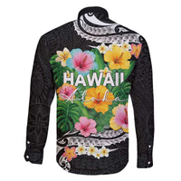 Hawaii Aloha Tropical Leaves and Flower Family Matching Off The Shoulder Long Sleeve Dress and Hawaiian Shirt with Polynesian Art Tattoo Black Color - Polynesian Pride