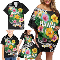 Hawaii Aloha Tropical Leaves and Flower Family Matching Off Shoulder Short Dress and Hawaiian Shirt with Polynesian Art Tattoo Black Color LT03 - Polynesian Pride
