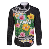 Hawaii Aloha Tropical Leaves and Flower Family Matching Off Shoulder Short Dress and Hawaiian Shirt with Polynesian Art Tattoo Black Color LT03 Dad's Shirt - Long Sleeve Black - Polynesian Pride