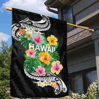 Hawaii Aloha Tropical Leaves and Flower Garden Flag with Polynesian Art Tattoo Black Color LT03 - Polynesian Pride