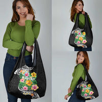 Hawaii Aloha Tropical Leaves and Flower Grocery Bag with Polynesian Art Tattoo Black Color LT03 - Polynesian Pride