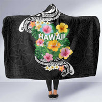 Hawaii Aloha Tropical Leaves and Flower Hooded Blanket with Polynesian Art Tattoo Black Color LT03 One Size Black - Polynesian Pride